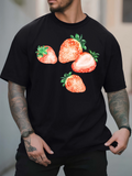 Men's T-Shirt Hand Drawn Summer Red Fruit With Green Leaves Strawberry