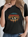 Women's T-Shirt Vintage Striped Sunset With Trees And Majestic Mountain Landscape