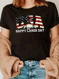 Women's T-Shirt Happy Labor Day Patriotic Fist With American Flag Print Wrench Text USA