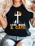 Women's T-Shirt Love Jesus And Cats With Colorful Silhouettes Sitting Around Cross