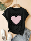 Women's T-Shirt Pastel Pink Heart On Checkerboard Pattern Featuring Soft Matte Black Shirt