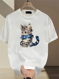 Men's T-Shirt Blue Scarf Playful Tabby Kitten Among Watercolor Patterns Cat
