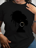 Women's T-Shirt Curly Hair Silhouette With Golden Hoop Earring On Black Shirt Woman