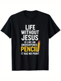 Men's T-Shirt Life Without Jesus White And Yellow Lettering With Cartoon Pencil