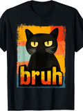 Men's T-Shirt Bruh Black Cat Staring Against Sunset Retro Colorful Background