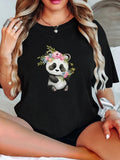 Women's T-Shirt Delicate Watercolor Flowers Crowning A Gentle Baby Panda