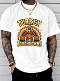 Men's T-Shirt Turkey And Touchdowns Smiling Cartoon Turkey Surrounded By Footballs