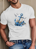 Men's T-Shirt Seagulls Flying With Blue Water Waves And Old Anchor