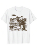 Men's T-Shirt Vintage Western Desert With Cactus Cowboy Riding Under Mysterious Flying Ufo