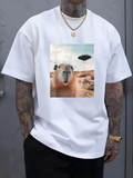 Men's T-Shirt Desert Landscape With Floating Spaceship Above Curious Capybara