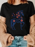Women's T-Shirt Folk Art Inspired Blue Accents With Decorative Red Flowers Horse
