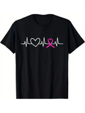 Men's T-Shirt Heartbeat Lines With Pink Awareness Ribbon And Heart Symbol