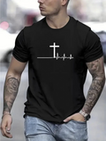 Men's T-Shirt Minimalist Line Art With Heartbeat Among A Simple Cross