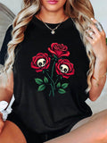 Women's T-Shirt Blooming Red Roses With Tiny Skulls Among Green Stems Rose