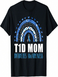 Men's T-Shirt T1D Mom Diabetes Awareness Blue Hearts Rainbow With Awareness Ribbon