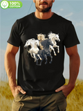 Men's T-Shirt Wild Energy Horses Galloping Freely Across Open Meadow Fields