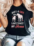 Women's T-Shirt Just A Girl Surrounded By Pink Hearts And Spotted Dogs With Horses