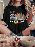 Women's T-Shirt Amsterdam Rainbow Skyline With Windmill And Historic Houses Amsterdam