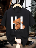 Men's T-Shirt Nice To Meet You With Fluffy Brown Teddy Bear Between Vertical White Bars