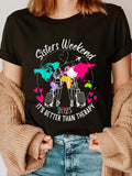 Women's T-Shirt Sisters Weekend 2025 Colorful World Map With Suitcases Hearts Airplane