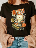 Women's T-Shirt Happy Cat Chef With Sushi Rolls And Traditional Japanese Cuisine Cat