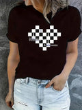 Women's T-Shirt Checkered Heart With Chess Pieces On Abstract Geometric Pattern