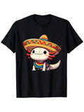 Men's T-Shirt Colorful Sombrero With Smiling Axolotl On Black T Shirt