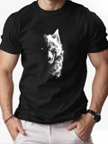 Men's T-Shirt Artistic Monochrome Brush Stroke Highlighted Fierce Wolf Portrait Under Moonlight Wolf