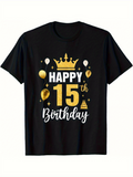 Men's T-Shirt Happy 15th Birthday Gold Balloons And Glittering Crown Celebration