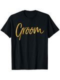 Men's T-Shirt Handwritten Gold Script Word Groom On Solid Black Shirt Groom