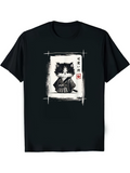 Men's T-Shirt Traditional Ink Style Illustration With Fluffy Cat In Samurai Robe