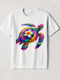 Men's T-Shirt Radiant Rainbow Bloom Patterned Shell Swimming Sea Turtle