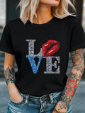 Women's T-Shirt Red Glossy Lips And Blue Sparkling Letters On Black T Shirt Love