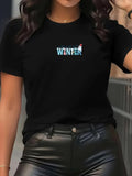 Women's T-Shirt Winter Blue Letters With Snowy Accents Above Black Shirt
