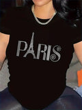 Women's T-Shirt Paris Iconic Eiffel Tower Motif Dotted Letter Design Black T Shirt