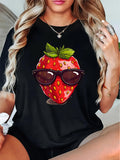 Women's T-Shirt Shiny Sunglasses With Green Leaves On Cool Strawberry