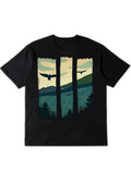Men's T-Shirt Peaceful Blue Green Hills With Flying Birds And Tall Forest Trees