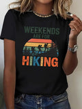 Women's T-Shirt Weekends Are For Hiking Sunset Stripes With Silhouetted Walkers And Pine Forest