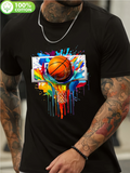 Men's T-Shirt Vivid Urban Art Splashes Behind Realistic Flying Basketball