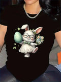 Women's T-Shirt Delightful Dressed Bunny With Floral Bouquet Holding Spotted Egg Bunny