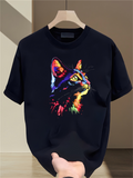 Men's T-Shirt Vivid Neon Splashes On Black Radiant Staring Cat