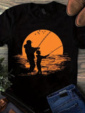 Women's T-Shirt Golden Sunset Reflections With Family Fishing Silhouettes Over Calm Water