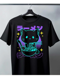 Men's T-Shirt Neon Glow Cat Sitting Among Ramen Bowl And Shining Stars