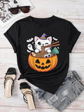Women's T-Shirt Playful Halloween Cat With Witch Hat Inside Carved Pumpkin