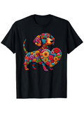 Men's T-Shirt Colorful Floral Pattern With Heart Embracing Playful Dachshund Dog