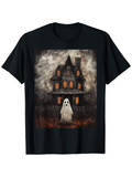 Men's T-Shirt Eerie Night With Haunted House And Glowing Windows Featuring A Ghost