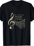 Men's T-Shirt Where Words Fail Music Speaks Swirling Notes With Flowing Golden Treble Clef