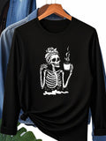 Women's T-Shirt Relaxed Skeleton With Scarf Sipping Coffee Surrounded By Rising Steam