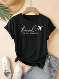 Women's T-Shirt Travel Is My Therapy Modern White Script With Flying Airplane Silhouette