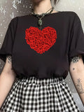 Women's T-Shirt Bold Red Rose Blossom Shape Heart Motif On Black T Shirt